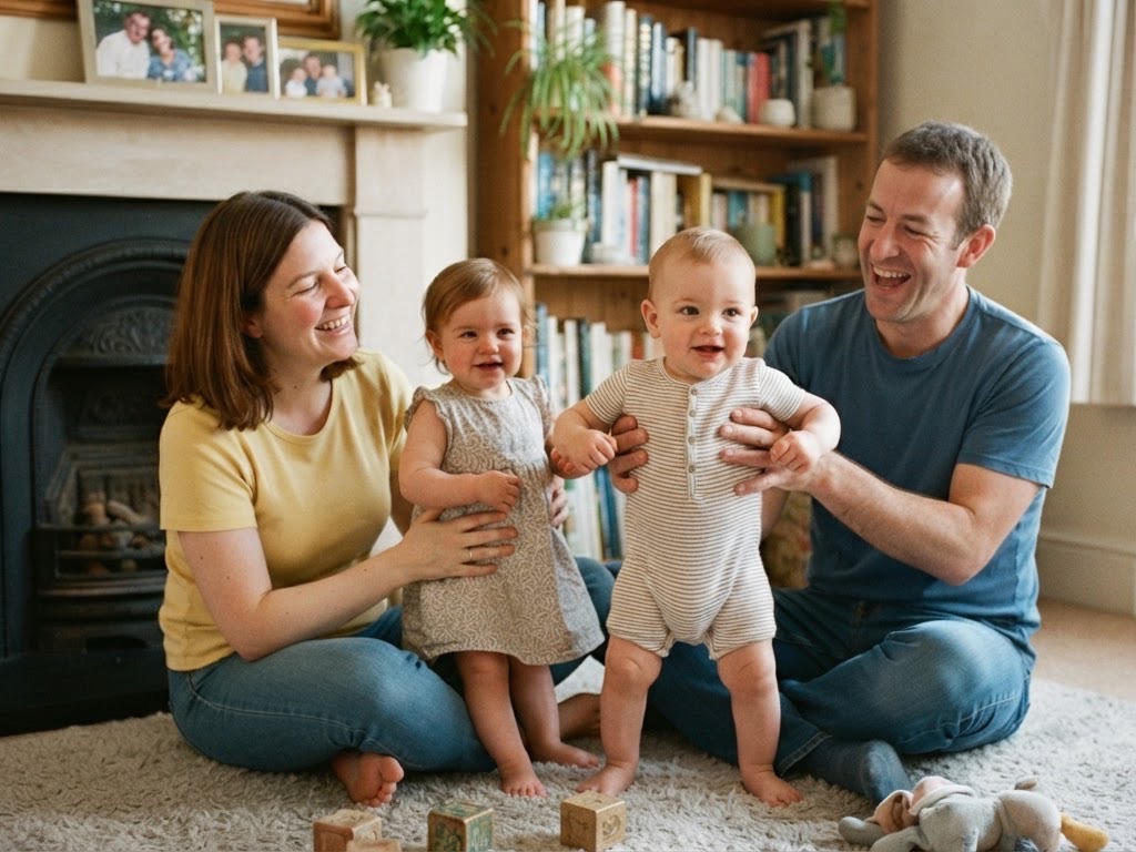 A family laughing together on the living-room floor