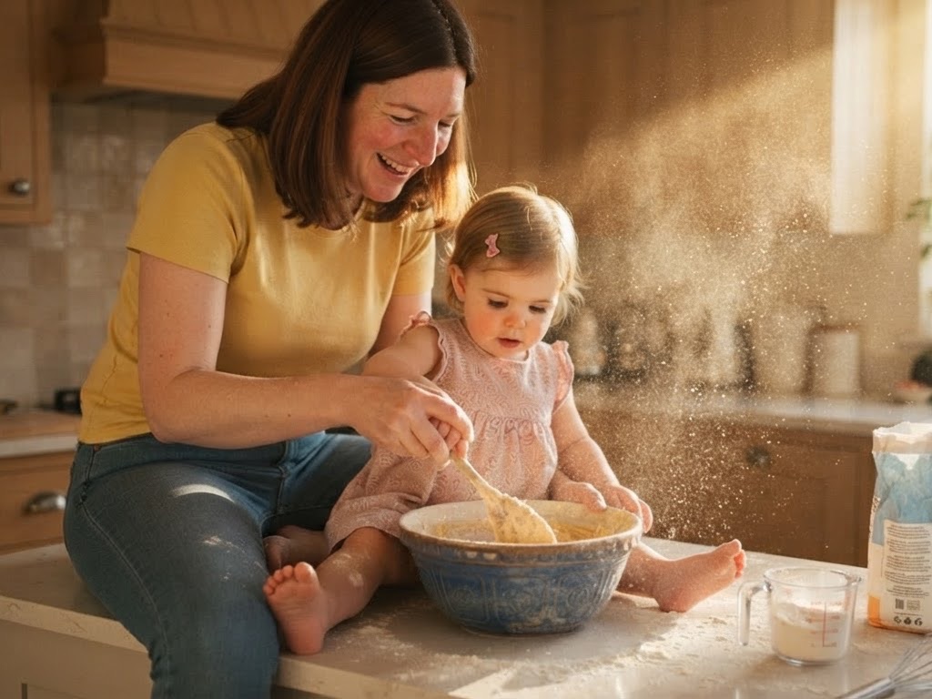 A parent and baby baking together in a sunny kitchen