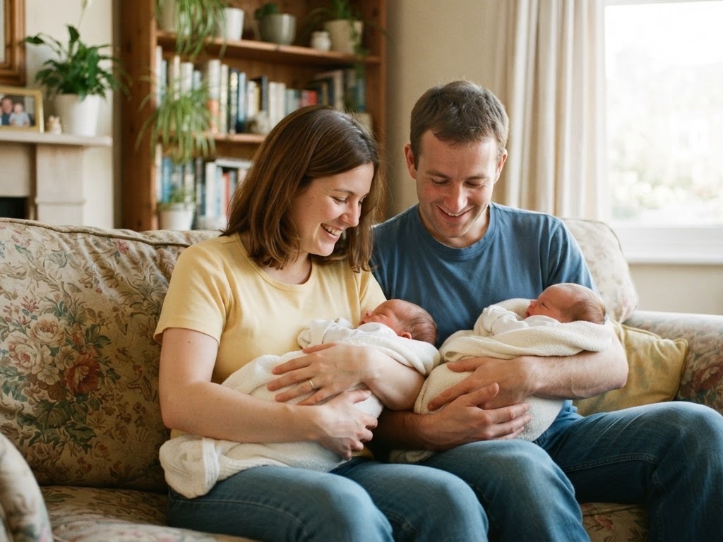 New parents holding their twin babies at home