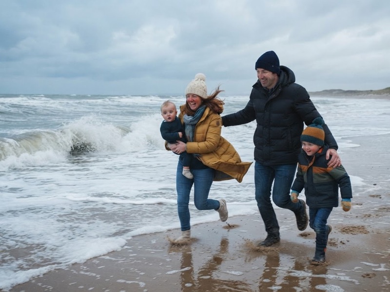 A family running along the shore on a blustery day