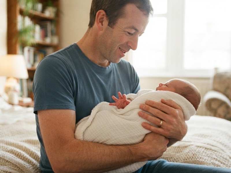 A father cradling his newborn in the morning light