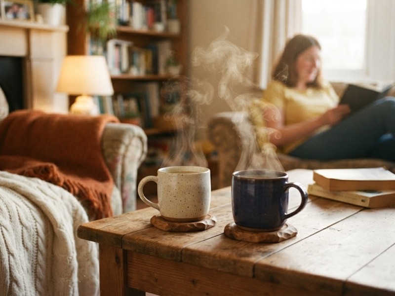A quiet morning at home with a book and warm mugs